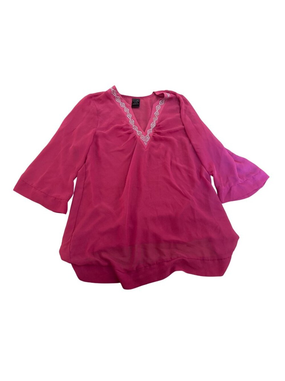 Catalina Fuchsia V-Neck Top L 12/14 Rhinestone Sheer Layer 3/4 Sleeves